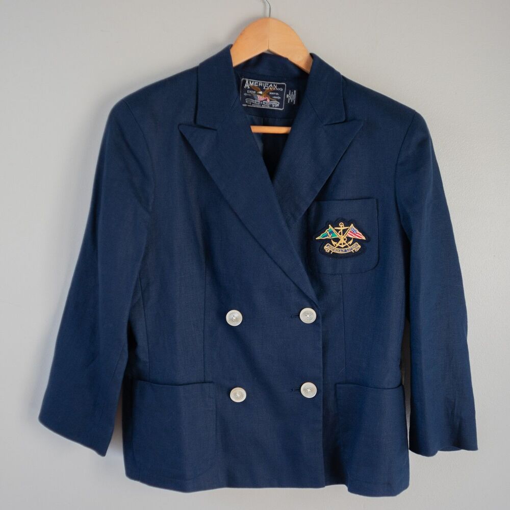 Navy Coastal Linen Button Women's Blazer American Living Preppy Nautical Summer